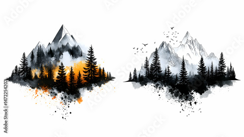 Two mountain landscape designs, one with a fiery sunset and the other a dark forest