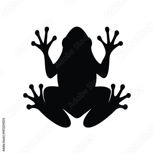 Black silhouette vector of a frog with detailed limbs and toes on a white background