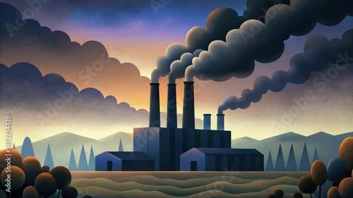 A factory with multiple smokestacks emits thick black smoke into the sky at sunset, surrounded by stylized trees and distant mountains.