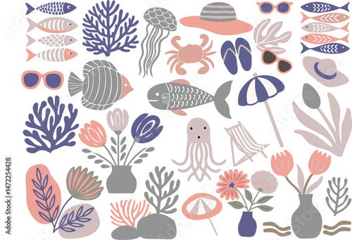 Colorful marine life and floral elements create vibrant underwater scene with fish, jellyfish, and plants
