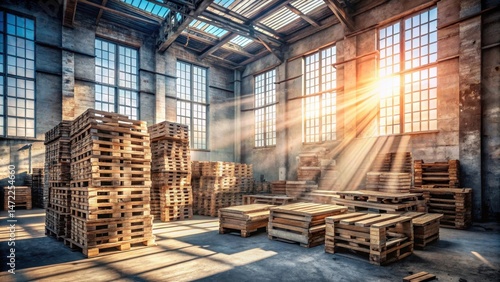 Wallpaper Mural Sunlit Industrial Warehouse with Stacks of Wooden Pallets Torontodigital.ca