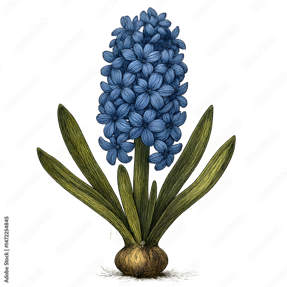 Obraz premium Exquisite botanical illustration of a vibrant blue hyacinth flower detailed with its leaves and bulb against a black background showcasing intricate linework and natural beauty.