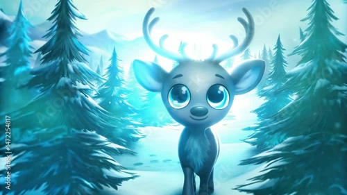 A cute cartoon reindeer with big blue eyes stands in a snowy magical forest surrounded by frosty pine trees.