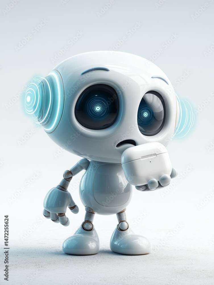 Futuristic 3D abstract robot character holding a wireless earbud case, showcasing modern technology and sleek digital design.
Futuristic 3D abstract robot character holding a wireless earbud case, showcasing modern technology and sleek digital design.