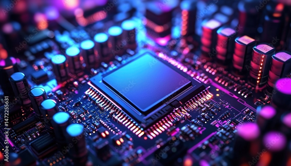 A close-up of a circuit board with a central chip and electronic components, illuminated with blue and purple lights. A close-up of a circuit board with a central chip and electronic components, illuminated with blue and purple lights.