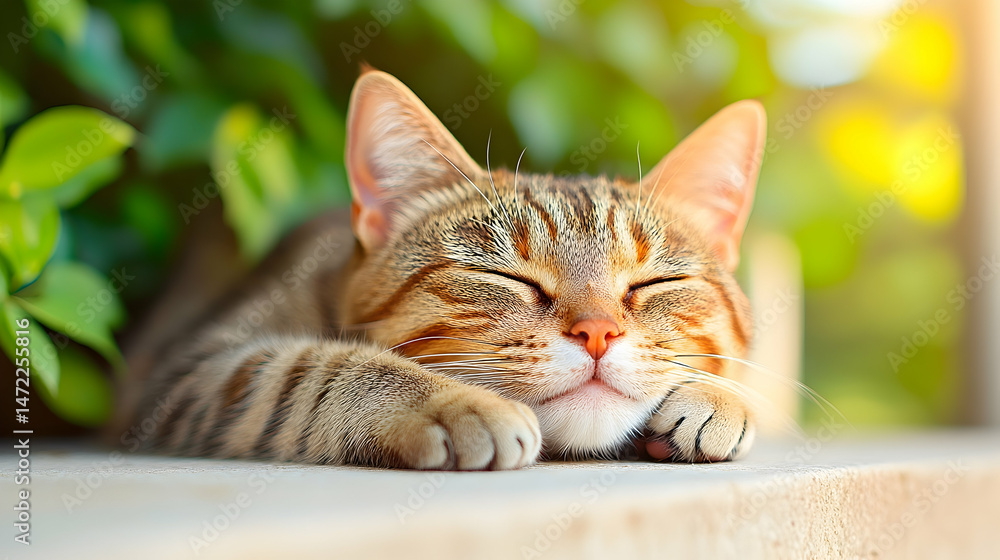 Fototapeta premium Relaxed tabby cat basking in sunlit garden