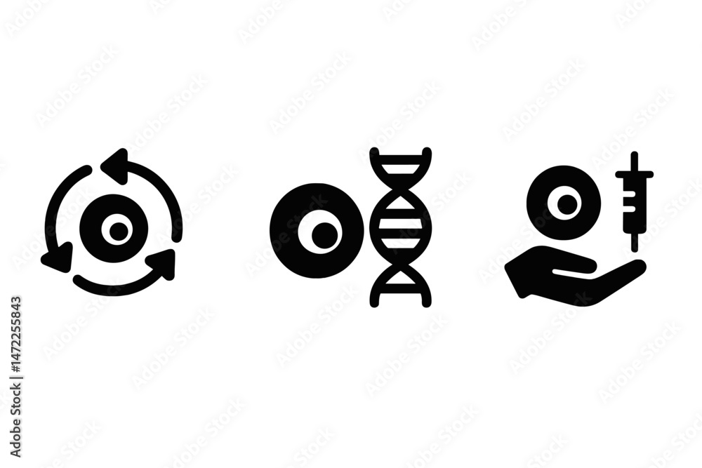 Vector icons representing recycling, DNA structure, and medical syringe concepts seamlessly integrated in a modern design Vector icons representing recycling, DNA structure, and medical syringe concepts seamlessly integrated in a modern design