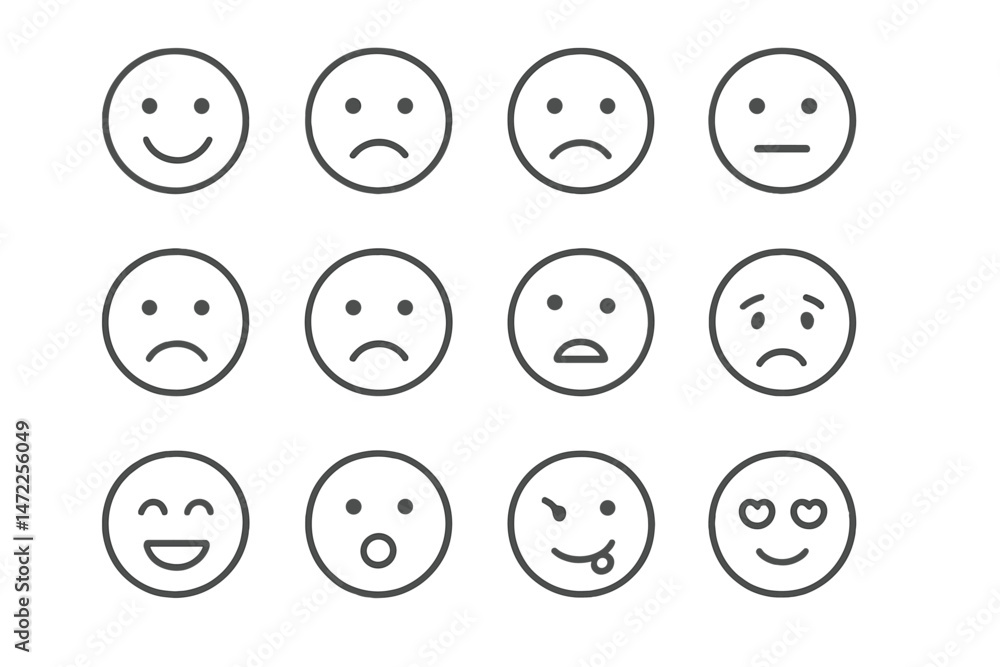 Vector icon collection of emotion faces depicting various moods and feelings including happiness, sadness, surprise, and love Vector icon collection of emotion faces depicting various moods and feelings including happiness, sadness, surprise, and love
