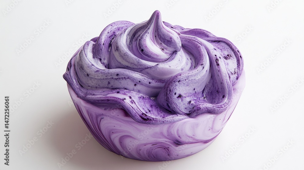 Obraz premium A 3D depiction of a blueberry cheesecake ice cream scoop with swirls, on a white background