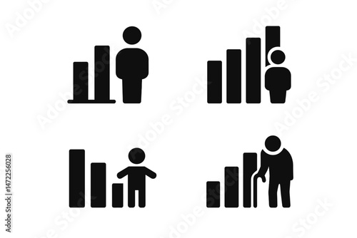 Vector icons depicting growth stages with varying heights representing different age groups from childhood to elderly