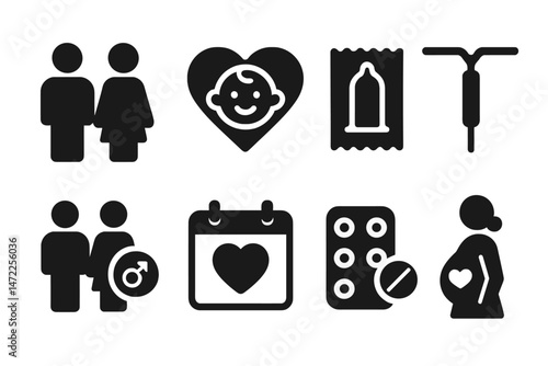 Vector icons representing themes of love, family planning, and health awareness in relationships