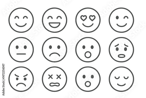 Collection of vector icons depicting various facial expressions from happiness to sadness and surprise in a grid format