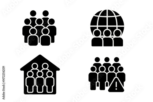 Vector icon set depicting diverse group dynamics including gathering, community, and caution symbols in a minimalist style