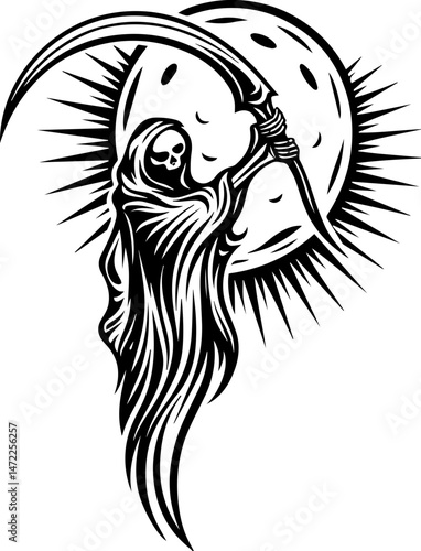 SVG vector of a dark fantasy skull entangled in twisted vines and roots. Dark Grim Reaper with Scythe Against Full Moon Background