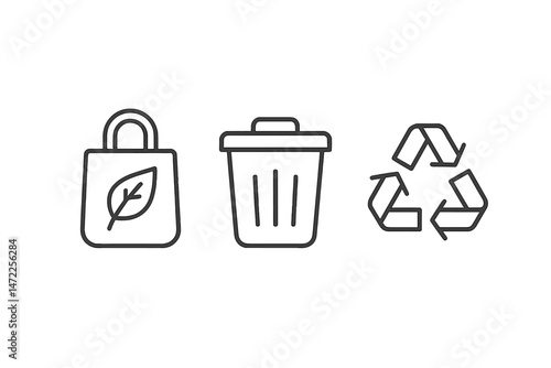 Vector icon set representing sustainable practices including reusable bag, trash bin, and recycling symbol