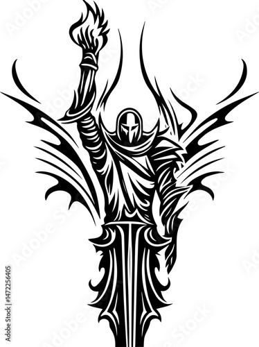 SVG vector of a dark fantasy skull entangled in twisted vines and roots. Abstract Warrior Figure with Flame and Intricate Designs