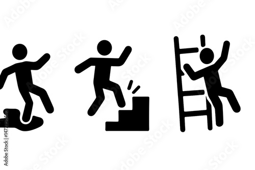 Icons depicting various stages of climbing and navigating obstacles using a ladder and steps