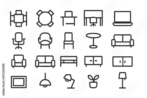 Vector icons depicting various furniture items for interior design concepts and graphic projects