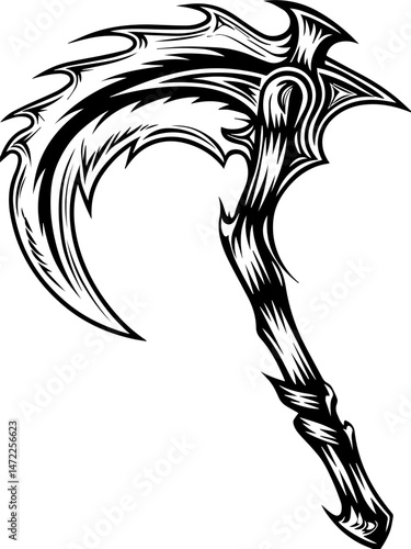 SVG vector of a dark fantasy skull entangled in twisted vines and roots. Intricate Black and White Scythe Design with Decorative Elements