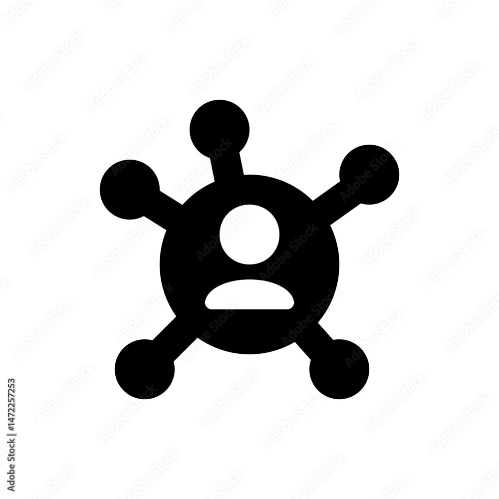 Black network icon with central circle containing a simple face and connecting nodes on the periphery Black network icon with central circle containing a simple face and connecting nodes on the periphery