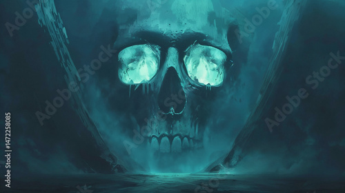 Enormous turquoise skull emerging from misty depths with glowing eye sockets. Ethereal underwater appearance with dripping elements creates haunting atmosphere of death and mystery