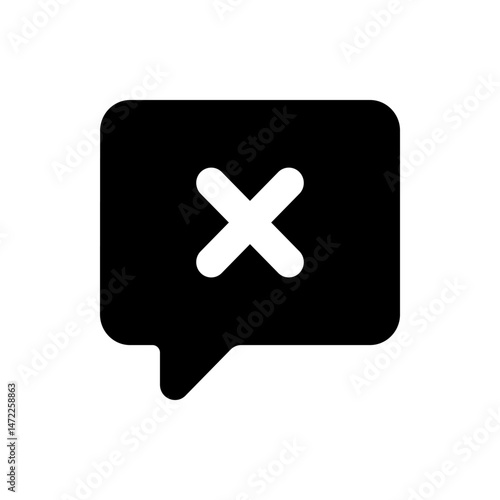 Black speech bubble with rounded corners containing a white x shape indicating a close or delete action