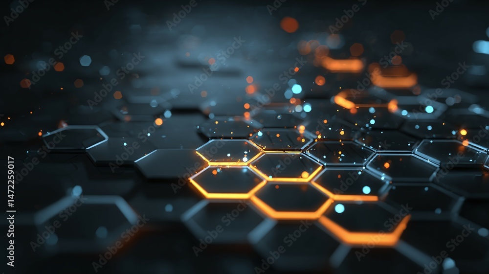 Obraz premium Abstract hexagonal pattern with glowing orange and blue elements on a dark background.
