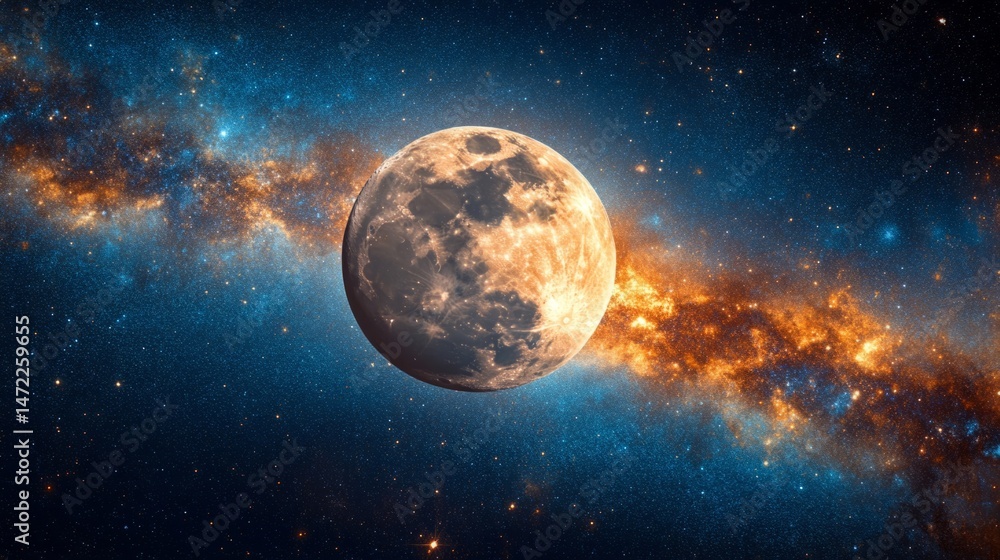 Fototapeta premium Full Moon and Milky Way Galaxy in Night Sky