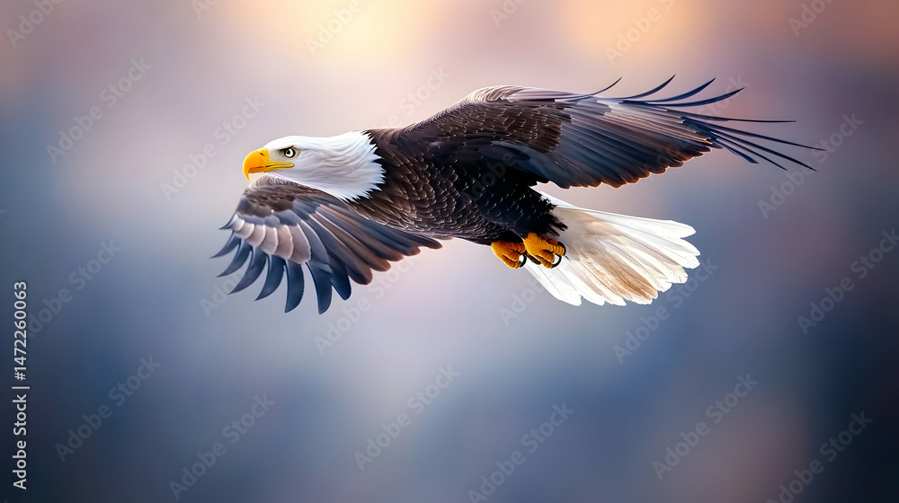 Fototapeta premium Majestic bald eagle in flight against a soft, blurred background