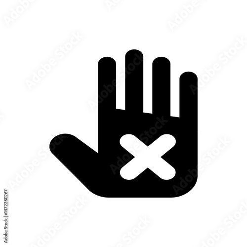 Black hand with a white x symbol indicating stop or no entry with fingers extended upwards clearly visible