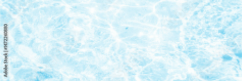 Halftone overlay resembling water waves. White dot texture on blue background. Vector banner for design and creative projects.