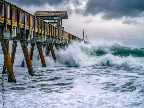 Powerful waves slam into the pier, showcasing the raw strength of the ocean during a fierce storm. The dramatic interaction of water and structure highlights nature's relentless force
