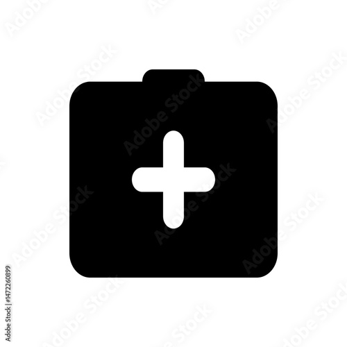 Black medical box with a white plus sign centered on the front suggesting health and first aid supplies