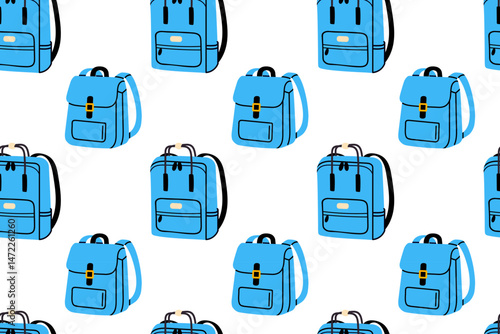 Seamless pattern with blue modern school backpacks with zipper and front pockets