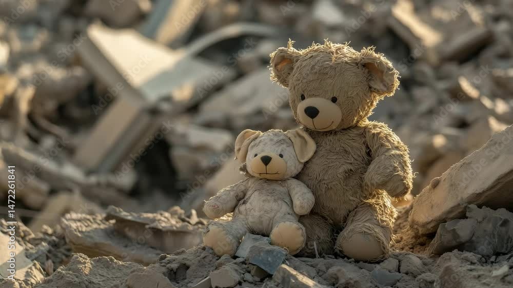 Two teddy bears sit on debris in a destroyed area, illustrating the impact of a recent natural disasters and wars Two teddy bears sit on debris in a destroyed area, illustrating the impact of a recent natural disasters and wars