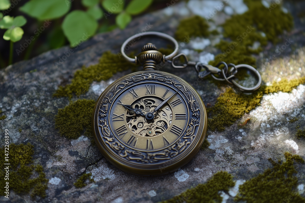 Fototapeta premium Antique Pocket Watch on Stone Outdoors