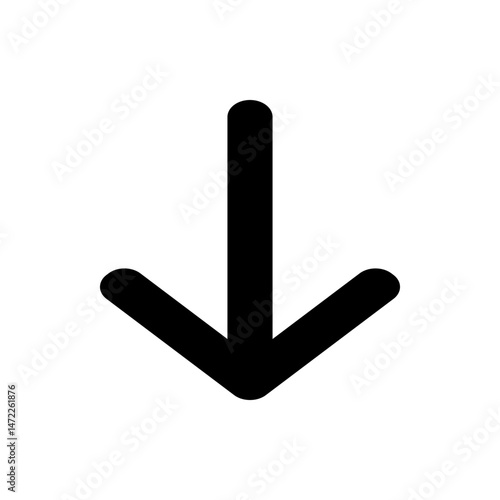 A simple downward pointing arrow in black with rounded edges on a plain white background image viewable now