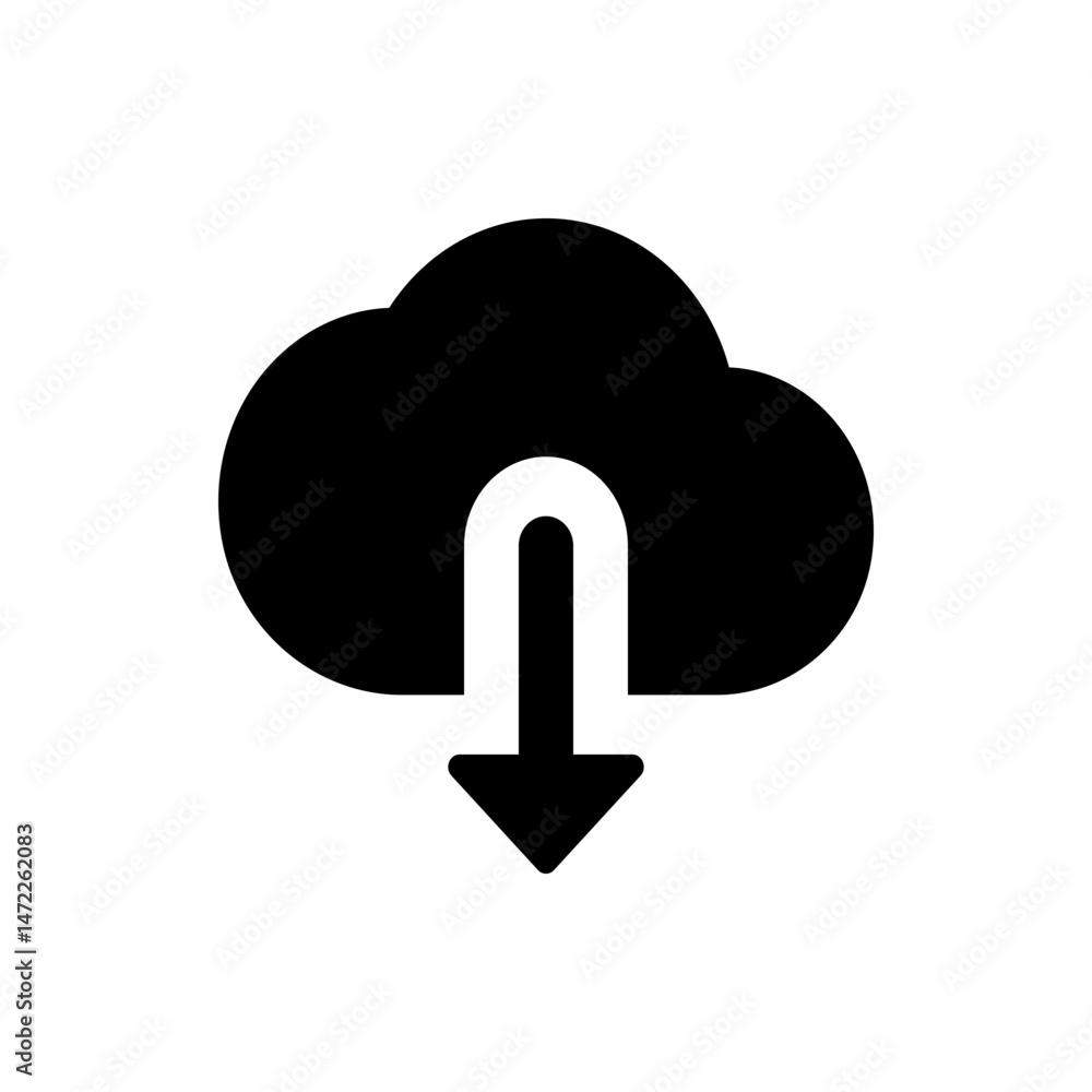 Black cloud with a white arrow pointing downwards indicating a download from the cloud storage system Black cloud with a white arrow pointing downwards indicating a download from the cloud storage system