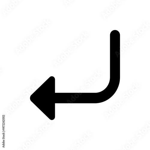 Black arrow pointing left with a right angle turn upwards on a plain white isolated background view