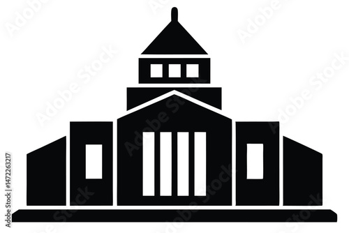Simplified black and white illustration of a courthouse building architectural design