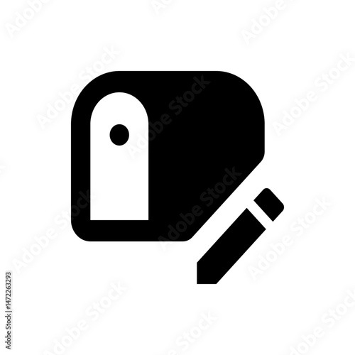 Black and white edit icon featuring a rounded rectangle with a tag and a pencil at the bottom right