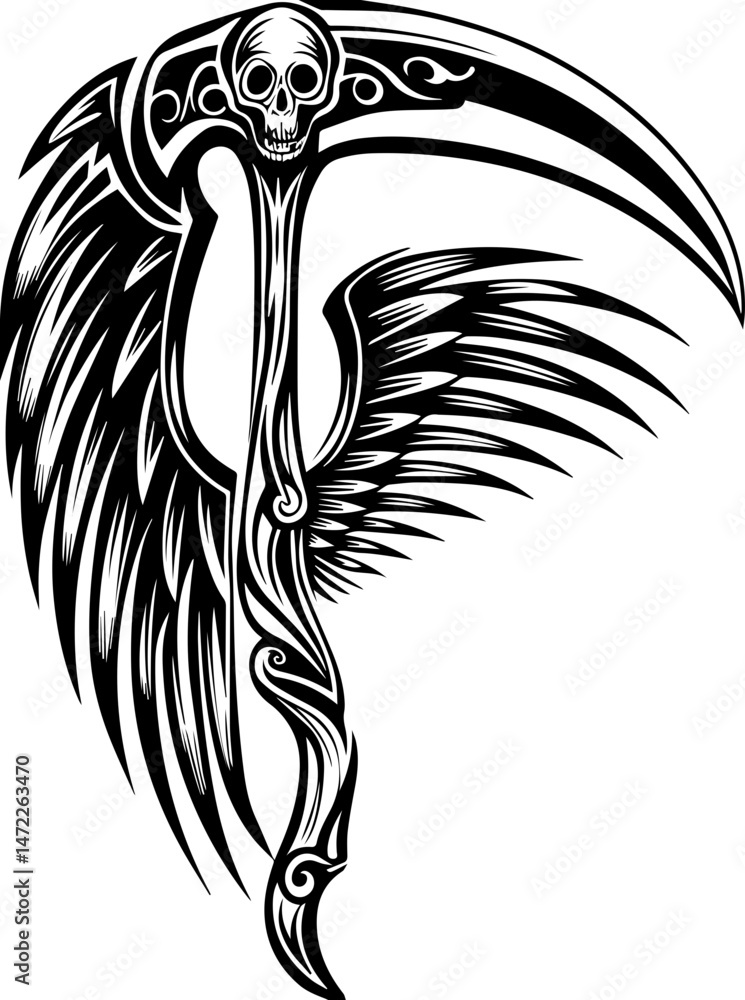 Obraz premium SVG vector of a dark fantasy skull wielding weapons like scythes and swords. Detailed Illustration of a Scythe with Wings and Skull Motif