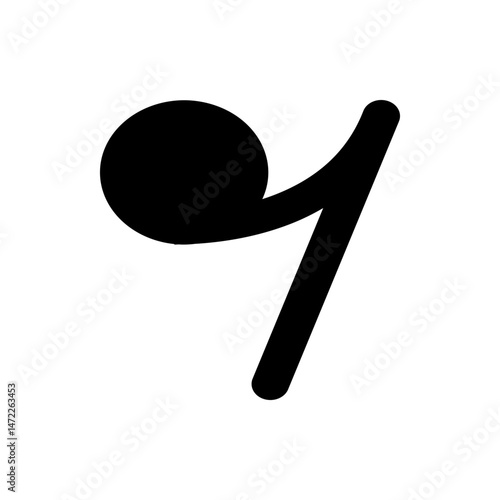 Isolated black quarter note musical symbol with a filled in note head and a straight stem design element