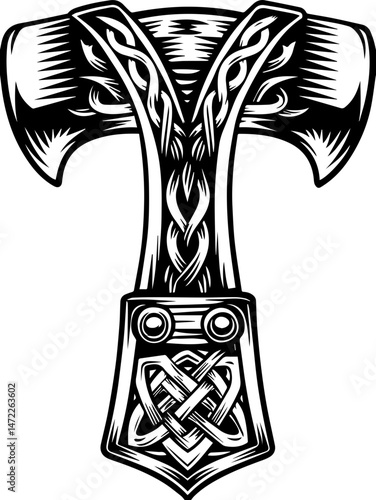 SVG vector of a dark fantasy skull wielding weapons like scythes and swords. Intricate Black and White Viking-Inspired Thor's Hammer Design