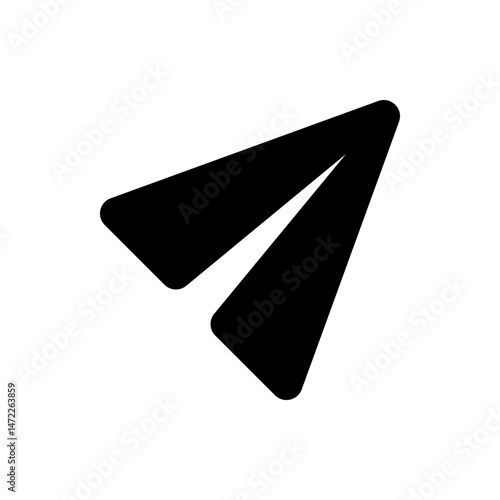A simple black paper airplane icon with a pointed tip and a sleek design on a white background image