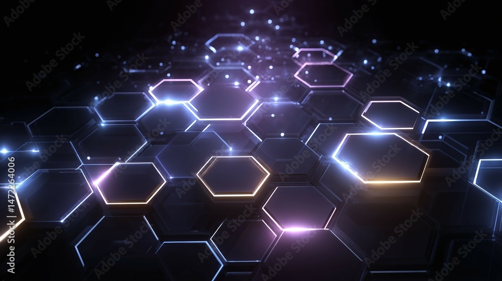 Abstract hexagonal pattern with glowing edges on a dark background. Abstract hexagonal pattern with glowing edges on a dark background.