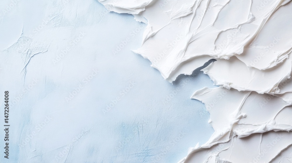 Obraz premium Abstract image of white cream texture on a light blue textured background, ideal for cosmetic product advertising or design projects. The contrast between the smooth cream and the roug : Generative AI