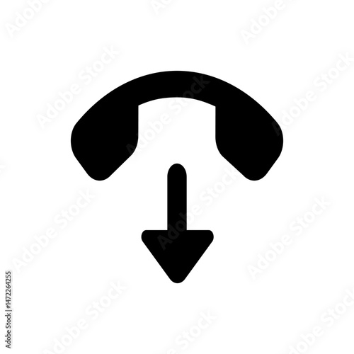 Black telephone receiver icon with downward arrow indicating call disconnection and ending the conversation