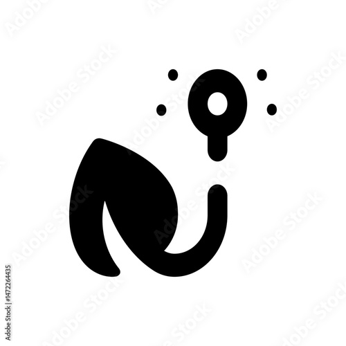 Stylized depiction of a leaf with a curved stem leading to a circular shape surrounded by dots design