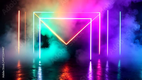 Colorful neon geometric lights pierce through dense smoke, their vibrant glow reflecting on a dark, wet floor in a futuristic scene